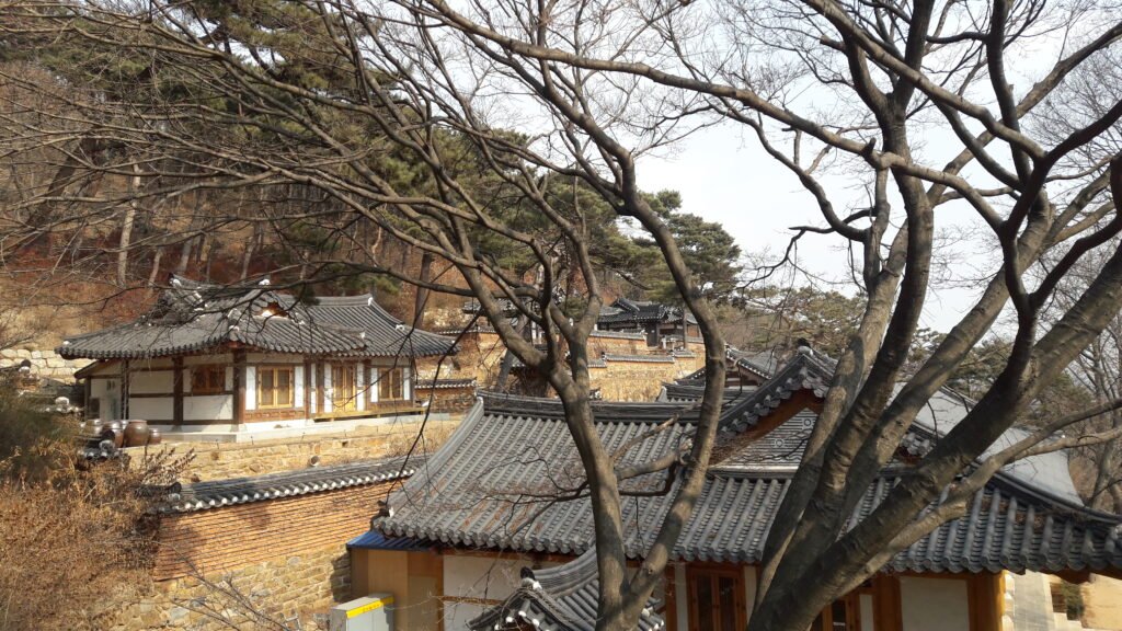 Photos of Korean temples with trees surrounding them