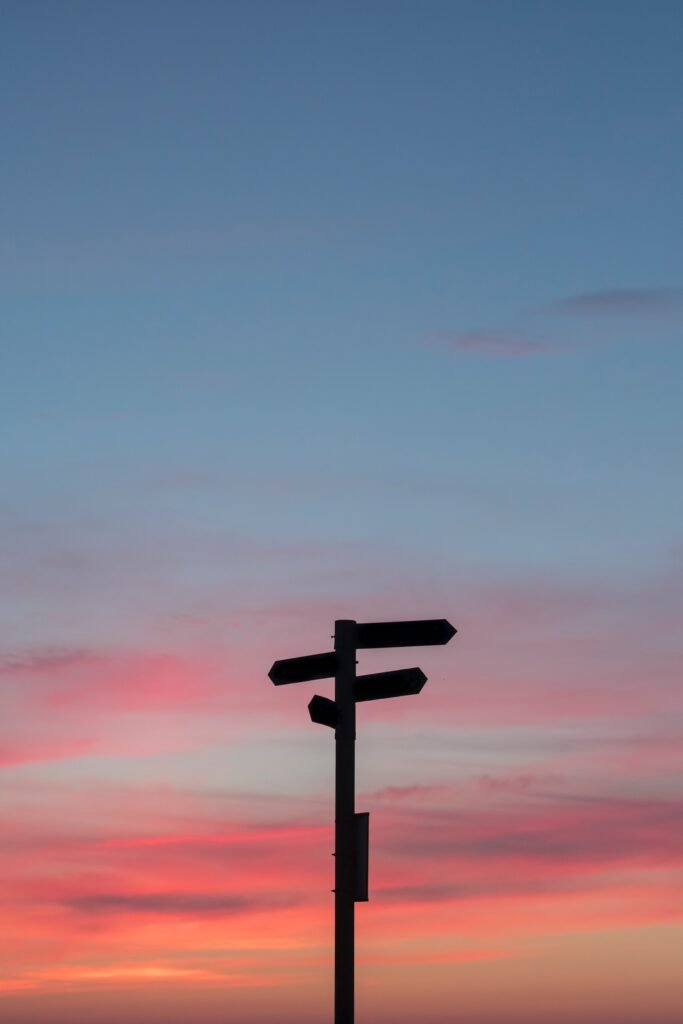 Road map sign with the sky in the background