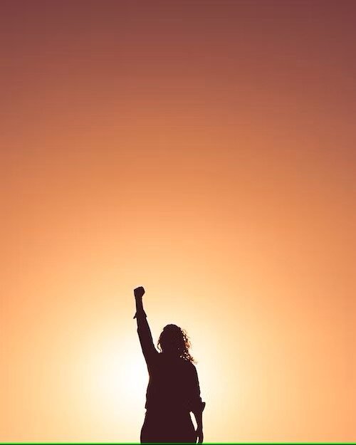 Silhouette of a person standing with one fist clenched and raised in the air with the sun setting in the background