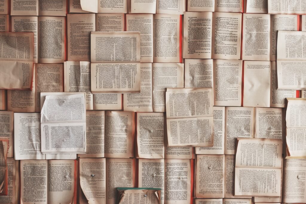 Pages of books stacked and piled next to each other