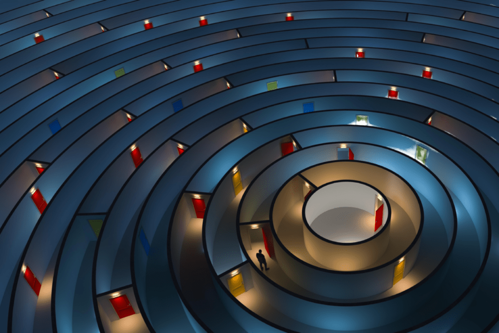 a circular maze with red doors scattered throughout