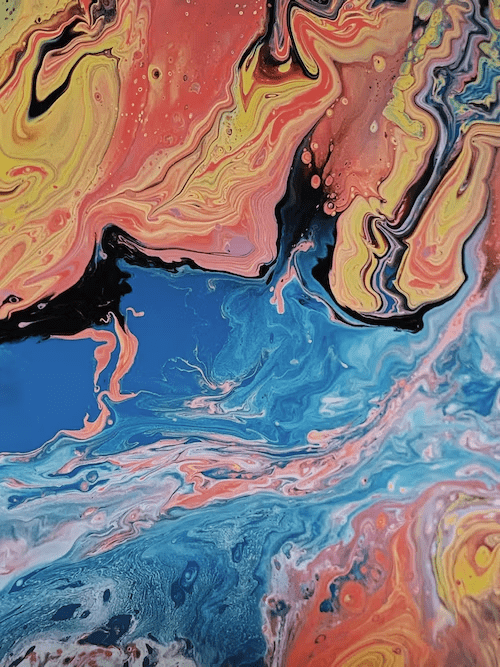 abstract painting with different colors like blue, black, red, yellow, and orange