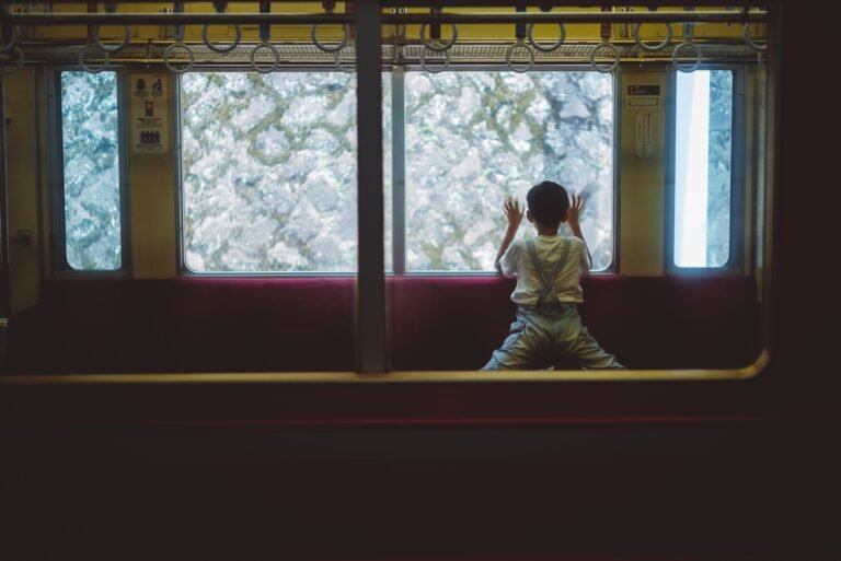 Young child standing in the training staring out the window